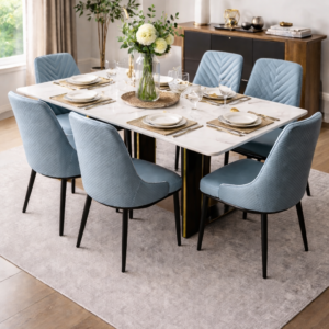Modern 6-seater marble top dining set with upholstered chairs in a stylish dining setup