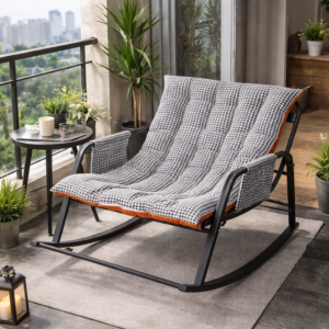 Modern balcony rocking chair with cushioned seat and metal frame in a cozy outdoor balcony setup