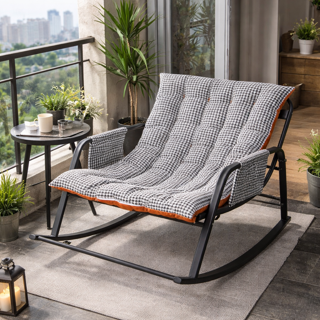 Modern balcony rocking chair with cushioned seat and metal frame in a cozy outdoor balcony setup