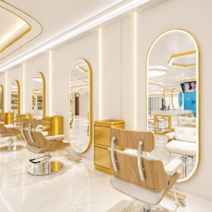 Modern barbershop LED touch mirror with ambient lighting