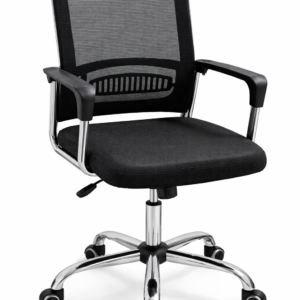 Modern black office chair with ergonomic design and adjustable features on a white background