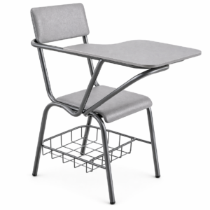 Metal classroom chair with wooden writing tabletop