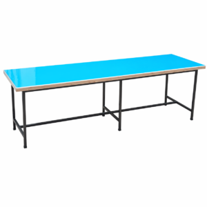 Modern cyan dining table with glossy top and sleek metal frame