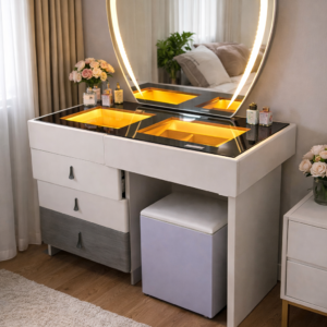 Modern white vanity with heart-shaped LED mirror, drawers, and storage compartments in a stylish bedroom setup.