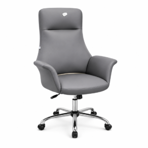 Ergonomic office chair in grey faux leather with high back and chrome base on a white background