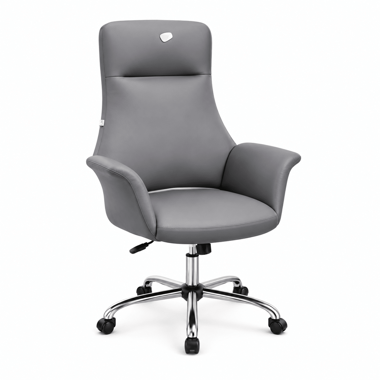 Ergonomic office chair in grey faux leather with high back and chrome base on a white background