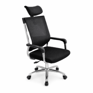 Modern ergonomic office chair with mesh backrest and adjustable headrest on a white background