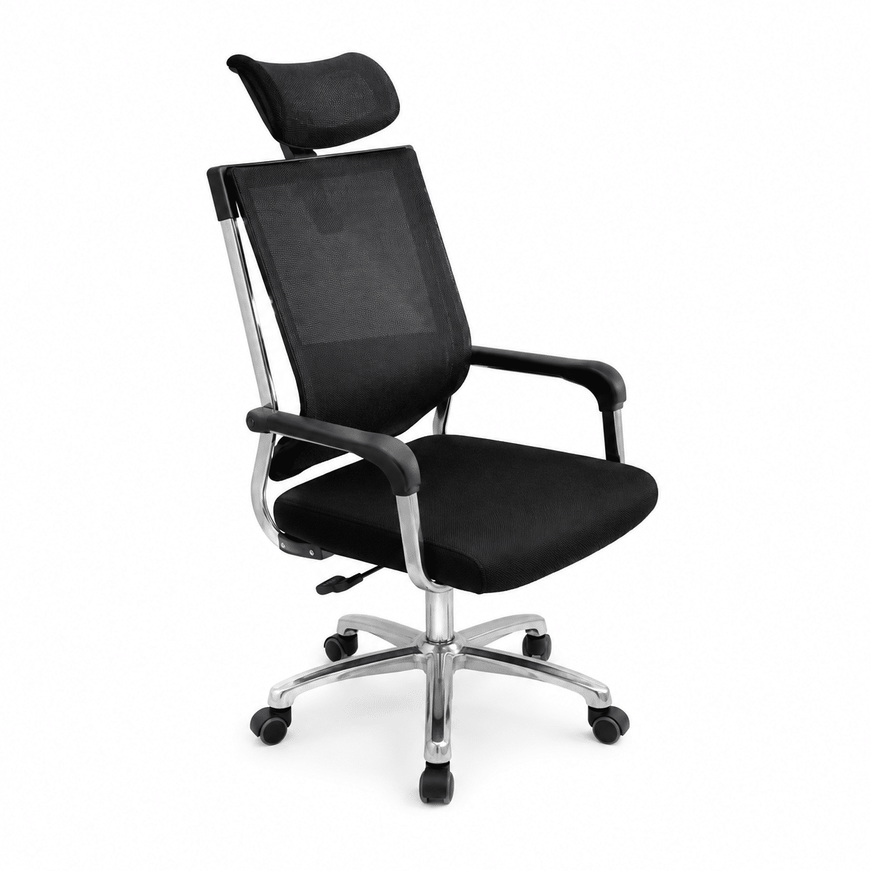 Modern ergonomic office chair with mesh backrest and adjustable headrest on a white background