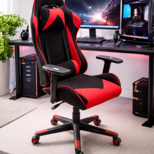 Black and red ergonomic gaming chair with lumbar support in a modern RGB gaming setup with dual monitors