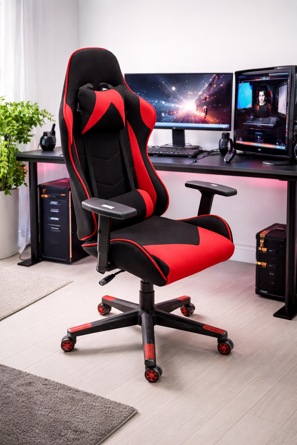 Black and red ergonomic gaming chair with lumbar support in a modern RGB gaming setup with dual monitors