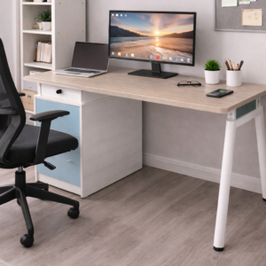Modern home-office desk with light wood top, white legs, storage drawers, and clean minimalist workspace setup.