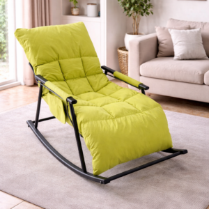 Modern metallic frame rocking chair with cushioned seat in a stylish home living room setup.