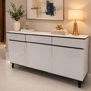 To begin with, our event furniture collection includes everything you need—chairs, tables, cocktail sets, lounge seating, and décor pieces. In addition, you can choose from modern, classic, and luxury styles to match your theme. As a result, it becomes easy to achieve a cohesive and professional look. Modern wooden console table placed in a stylish hallway with décor items