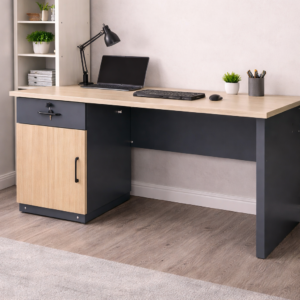 Modern office desk with wooden top, storage cabinet, and minimalist design in a contemporary workspace.