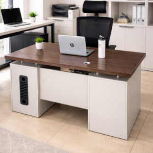 Modern executive office desk with a wood-finish top and structured base in a clean professional workspace.