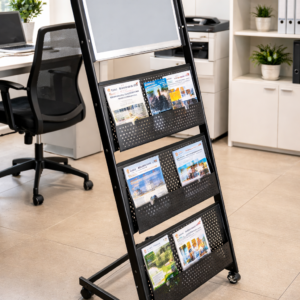 Modern office literature display rack with multiple tiers holding brochures in a clean and professional workspace.