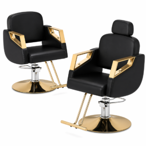 Modern black salon chairs with gold accents and hydraulic base