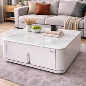 Modern sleek coffee table with glossy white finish and storage in a stylish living room setup.