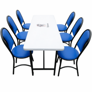 Modern student dining table with six blue cushioned chairs and metal frame