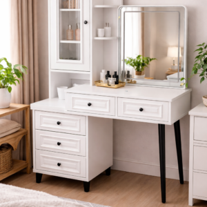 Modern white vanity desk with mirror, drawers, and storage cabinet in a stylish bedroom setup.