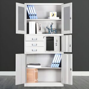 Office filing cabinet with lockable safe compartment for secure document and valuables storage.