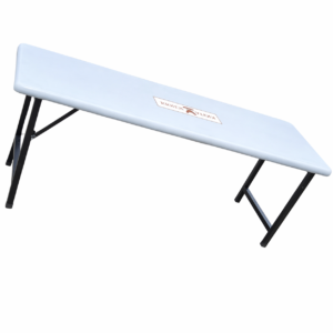 Foldable dining table with fibre glass chemically treated top and metal folding legs