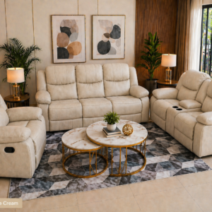 Executive Recliner Sofa in Off White with reclining seats and padded armrests