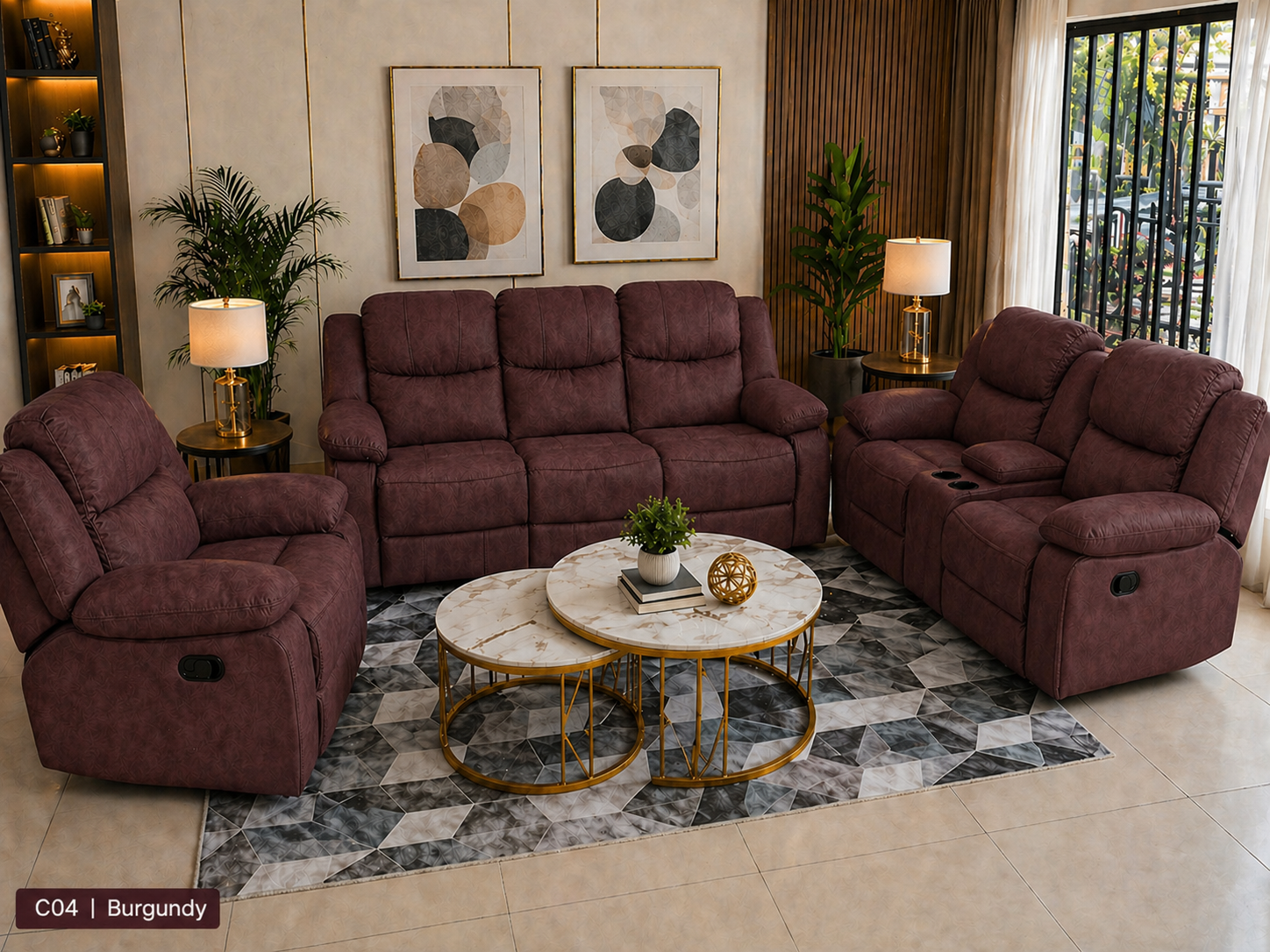 Executive Recliner Sofa in Burgundy with reclining seats and padded armrests