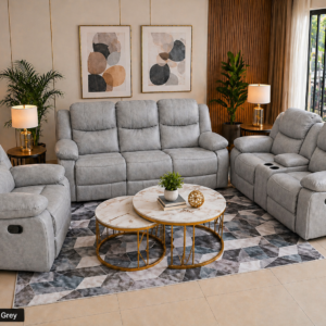 Grey reclining sofa with high-density foam cushions and smooth reclining seats for modern living room comfort.