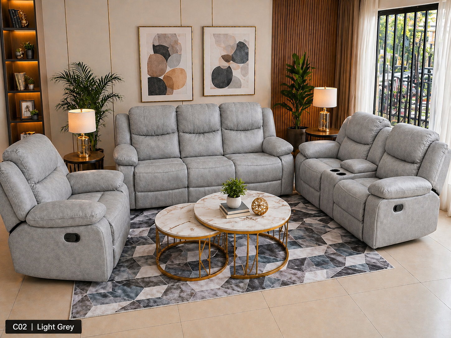Grey reclining sofa with high-density foam cushions and smooth reclining seats for modern living room comfort.