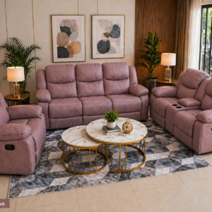 Mauve executive recliner sofa with plush high-density foam cushions and smooth reclining seats for modern living room comfort.