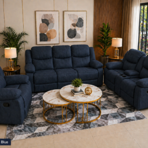 Navy blue modern recliner sofa with plush high-density foam cushions and smooth reclining seats for modern living room comfort.