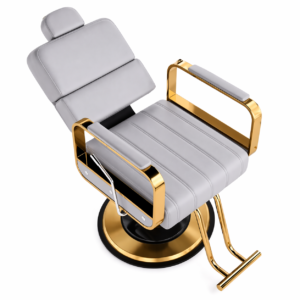 Gray and gold reclining barber chair with hydraulic pump and leather cushioning
