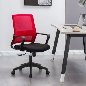 Red medium back office chair with adjustable height, armrests, and rolling wheels for office workstations.