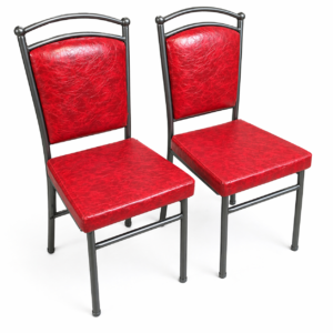 Red metal-framed library chairs with cushioned seat and backrest