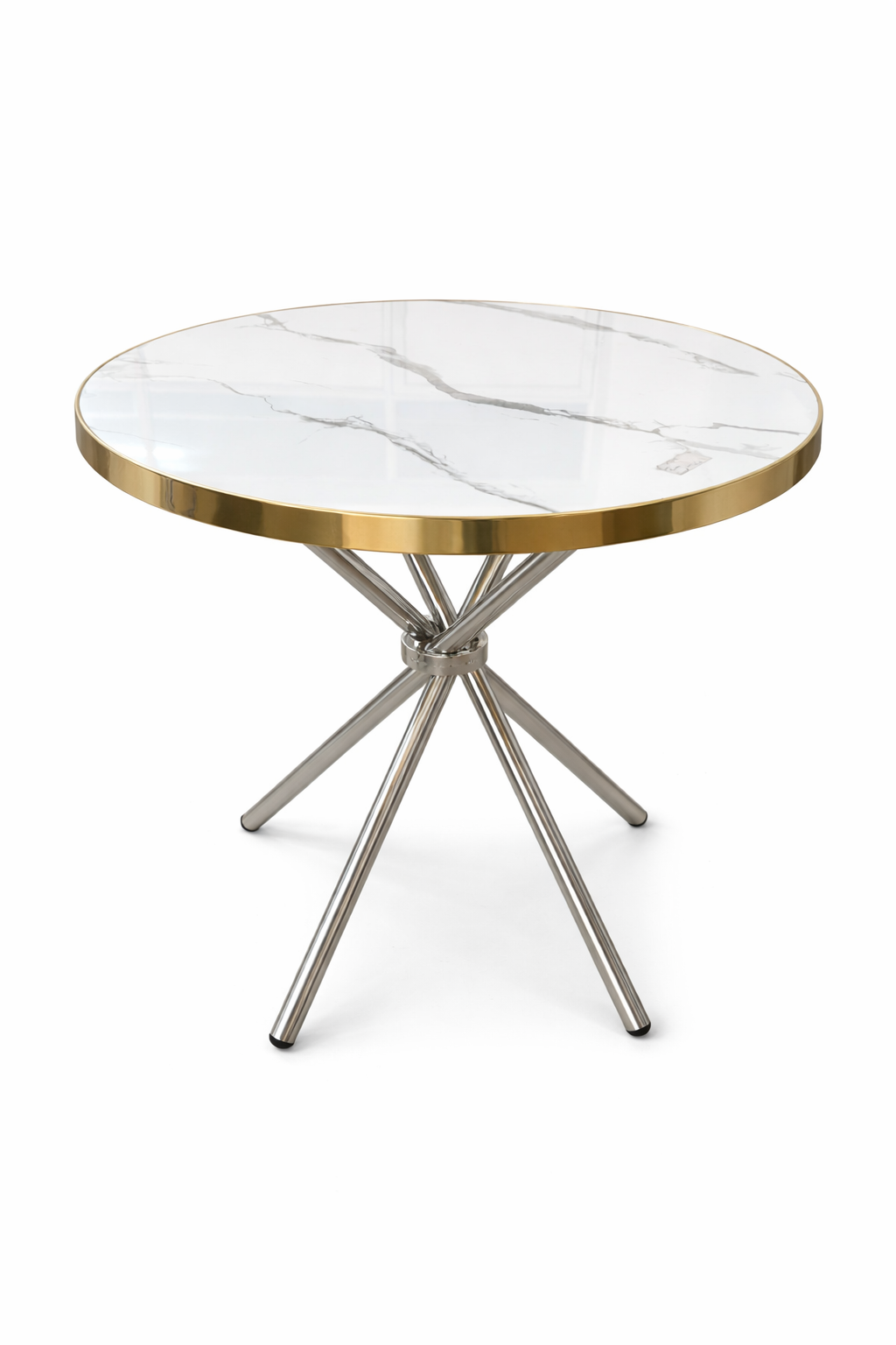Round marble-top table with gold trim and modern metallic cross-leg base on a white background