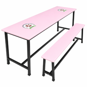 School dining table with matching benches and metal frame
