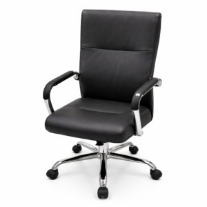Ergonomic black office chair with chrome base and cushioned seat on a white background