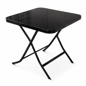 Black folding table with a glossy top and sturdy metal legs on a clean white background.