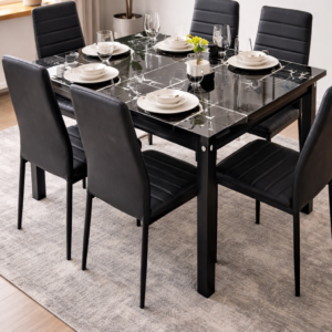 Sleek black glass 6 seater dining table set in a modern dining room setup