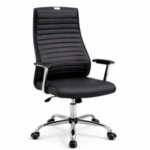 Sleek black office chair with cushioned seat and chrome base on a white background