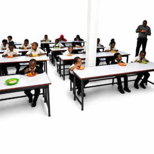 Student school dining table with fibre glass top and metal frame
