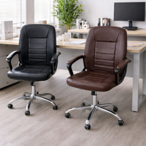 Black and brown ergonomic office chairs with leather finish and chrome base in a modern office setup.