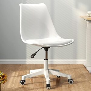 Swivel Eames plastic white chair with molded ergonomic seat and sturdy base, suitable for home and office use.