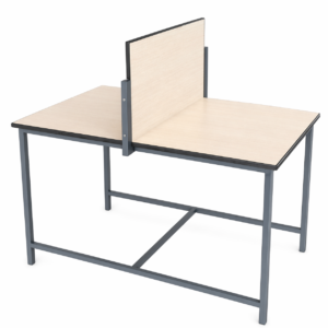 Two-person library workspace desk with central divider and metal frame