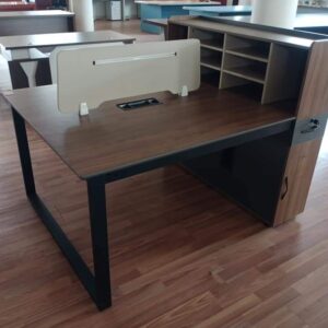 Two-way office workstation with side shelves, spacious desk surfaces, and durable frame for offices and home workspaces