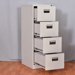 Vertical 4-drawer filing cabinet with lockable drawers, designed for secure and organized office storage.