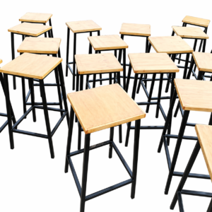 wooden laboratory stool with square top and black metal frame
