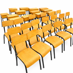 wooden school chair with natural wood finish and metal frame