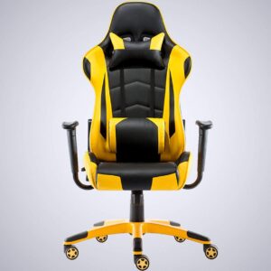 Yellow gaming chair with ergonomic backrest, adjustable armrests, and padded seat for home or professional gaming.